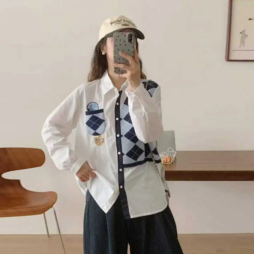 

Японские винтажные вязаные шерстяные рубашки в стиле пэчворк Mori Girl, женские осенние новые повседневные блузки с отложным воротником и длинными рукавами, топы