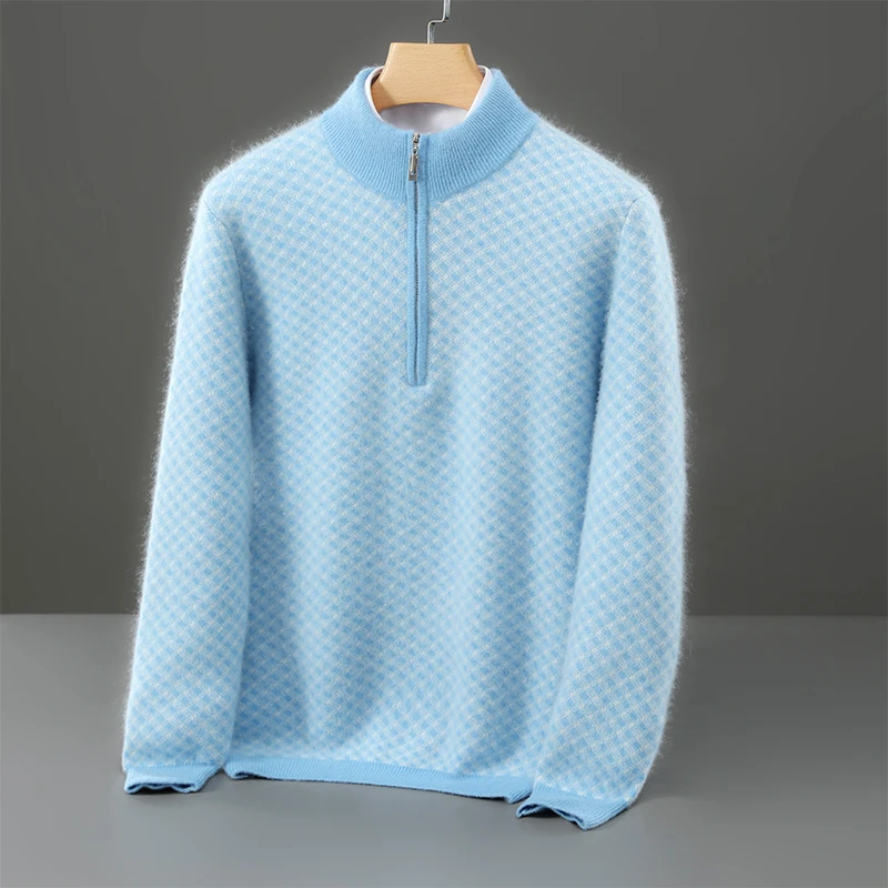 Autunno Inverno dei Nuovi Uomini Mezza Cerniera Pullover 100% Lana Merino Maglione Lavorato A Maglia Casual Jacquard Mezza Collo Alto Abbigliamento da Uomo Caldo