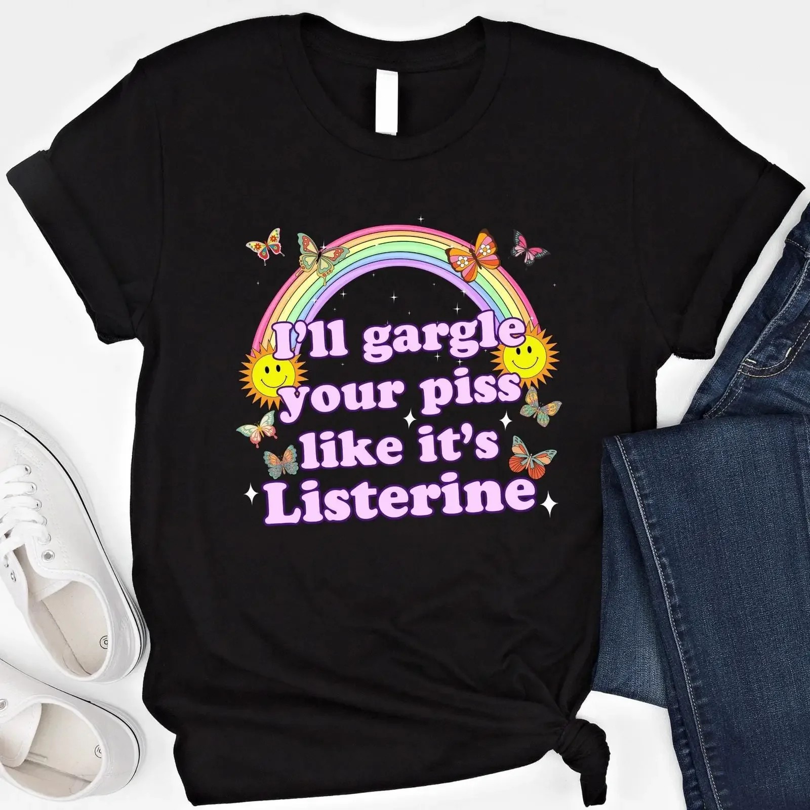 Camiseta con la frase 'I'll Gargle Your Piss Like It's Listerine', divertida, atrevida, inapropiada, con humor obsceno, estilo vintage, lavada, elástica y a la moda.
