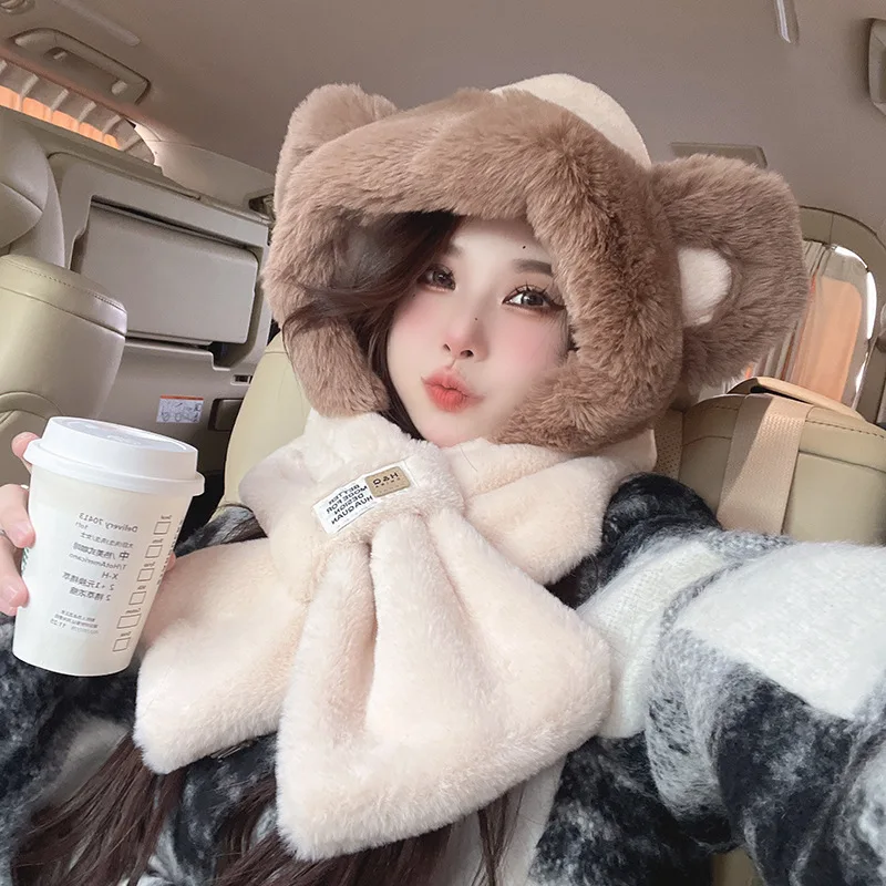 Warm Winter Hat Cute Bear Hat Scarf Scarf All-In-One Women\'s Winter Earmuffs Lei Feng Hat Plush Cycling Warm Ski Hat