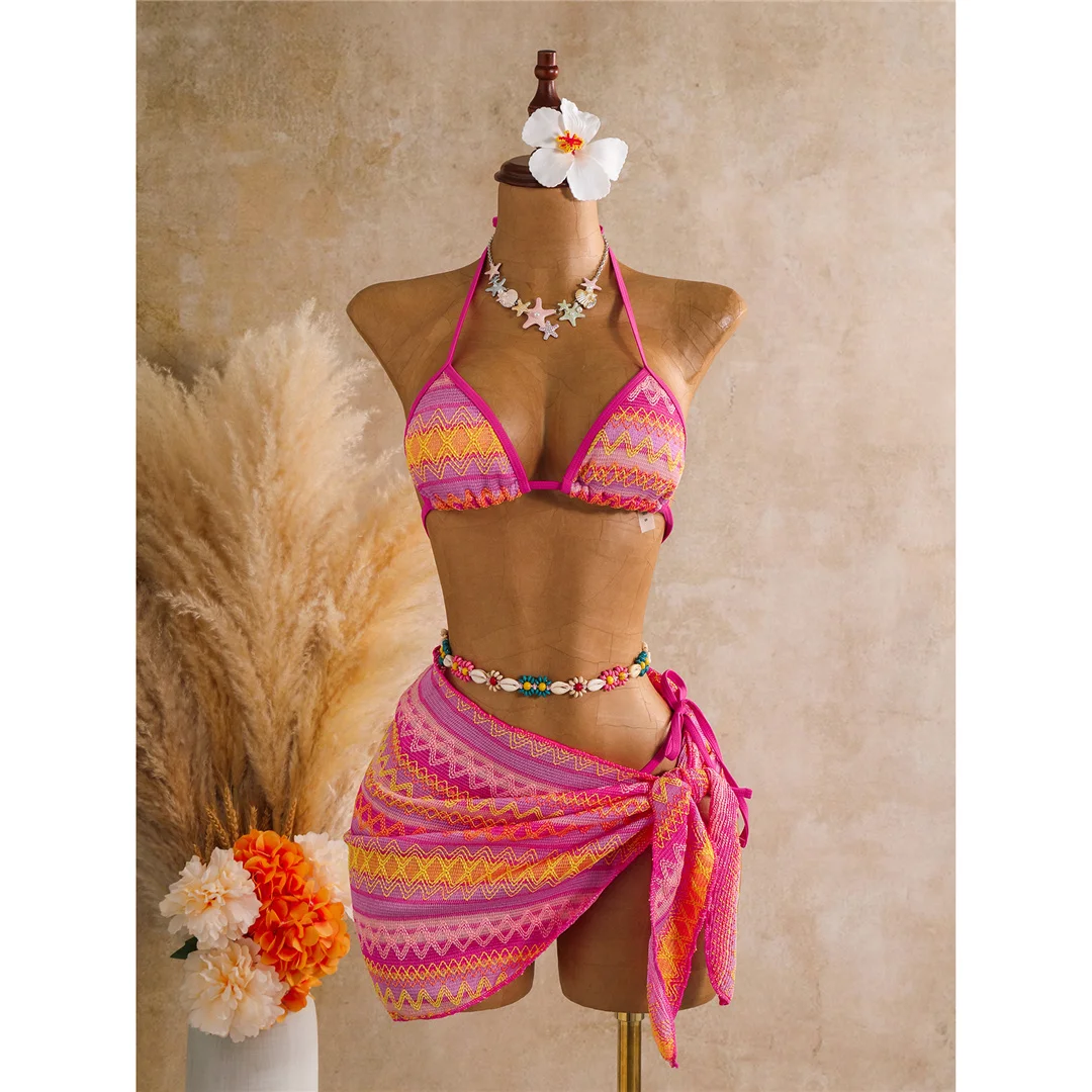 Bedruckter Bikini mit Sarong-Oberteil, Damen-Badeanzug, dreiteiliges Bikini-Set, gepolsterter Badeanzug, Badebekleidung, Modell V8332. – Detail 19