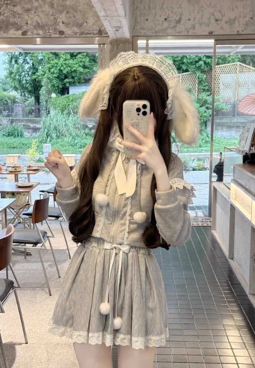 

Japanese Sweet Cute Style Girls Versatile Bow Lace Hooded Tops Zipper Sportswear and High Waist Short Skirt Two-Piece Set