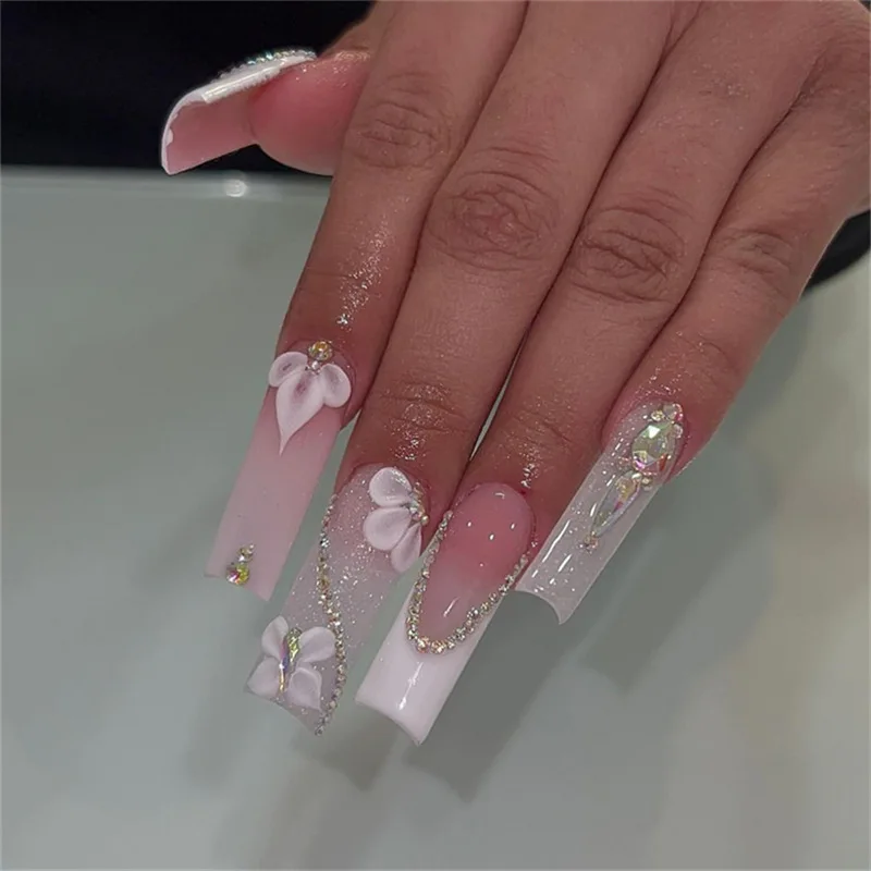 

24Pcs Long White Flower False Nail For Women Removable Press On Nail Sticker Fashion Finished Fake Nails With Jelly Glue