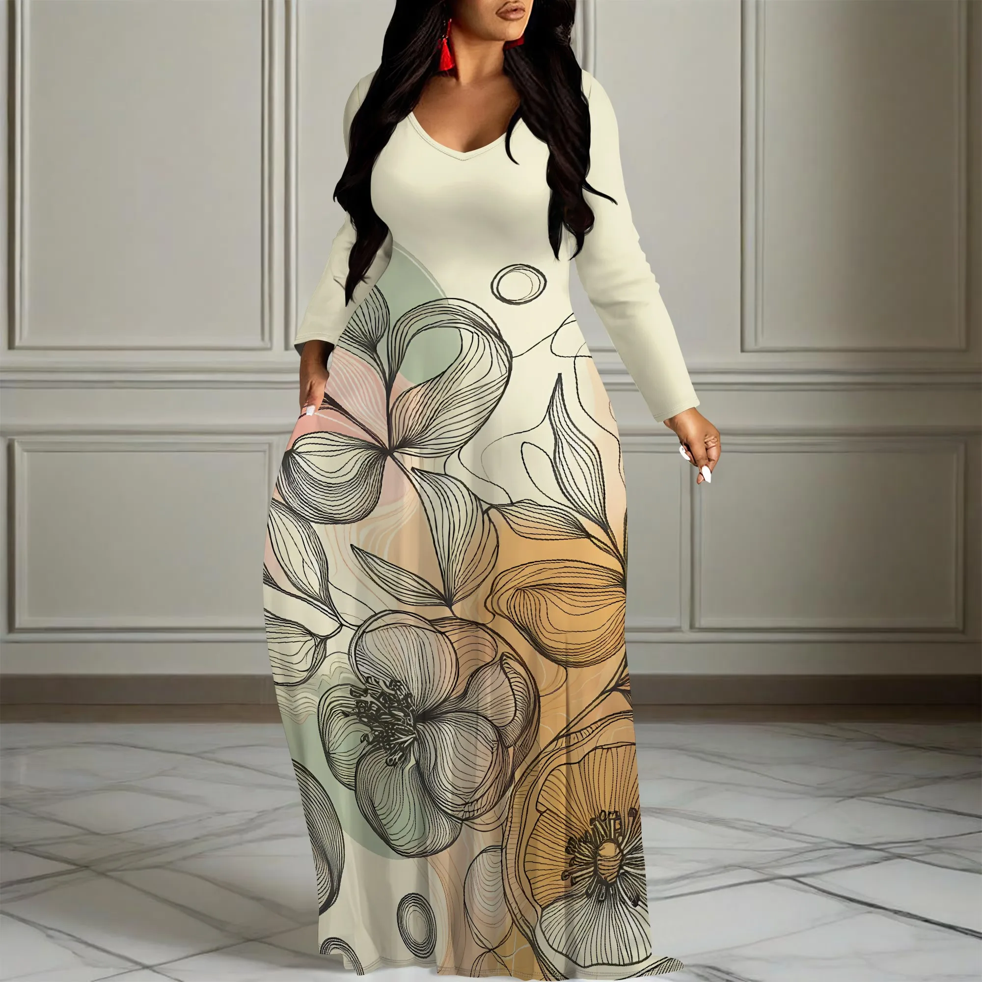 Nupusa Line Art Print Kleid für Damen, Standardgröße, Sommer, lässig, Rundhalsausschnitt, lange Ärmel, Maxikleid mit Taschen