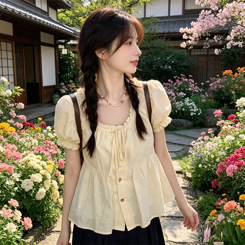 Women Ruffled Sweet Bandage Blouse Harajuku Single Breasted Tops Y2K Aesthetic Suare Collar Grunge Blusas Streetwear De Mujer view 2