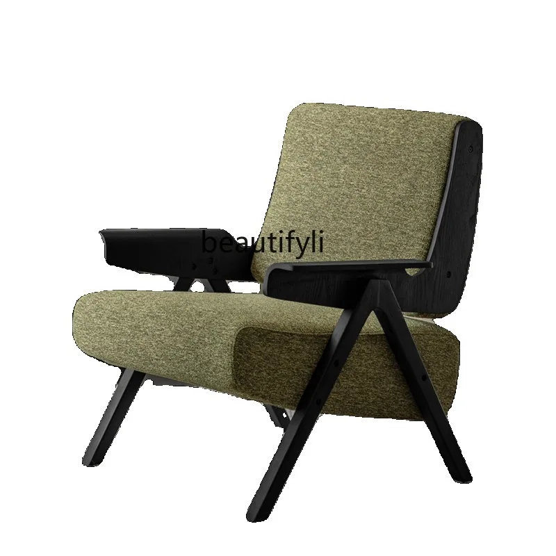 

Furniture Single-Seat Sofa Chair Simple Modern Study Solid Wood Chair with Armrest Living Room Balcony Leather Art Leisure Chair