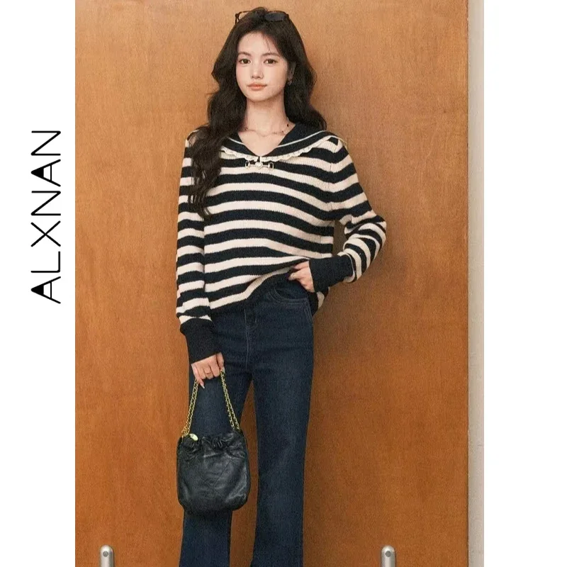 ALXNAN Plus Size Women Striped Pullovers 2026 Fall Winter Lace Patch Sailor Collar Sweater Elegant Versatile Knitted Tops D57909