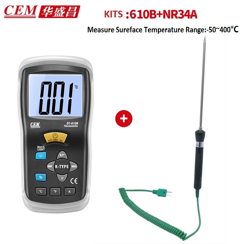 CEM DT-610B +NR-34ATYPE K  Sharp Probe with Thermocouple Thermometer Range -50~1300ºC with Back Light