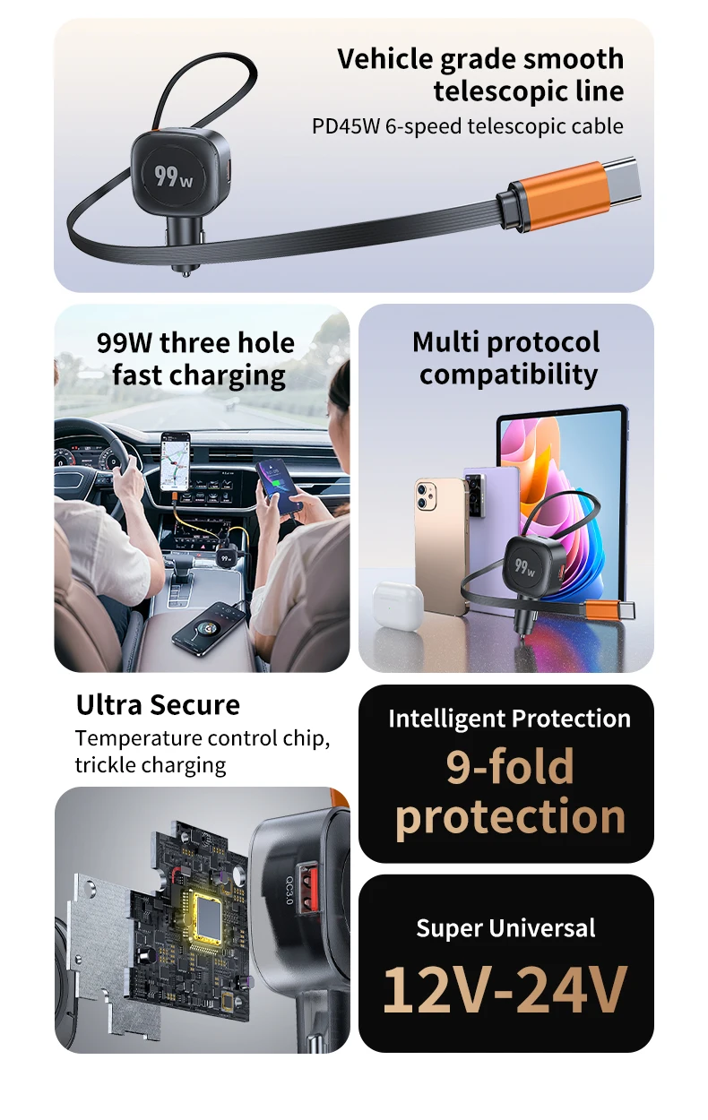 99 W einziehbares Autotelefon-Ladegerät USB C PD 45 W Schnellladung für iPhone 16 Pro Max, Samsung Galaxy S25 Ultra, Android – Detail 2