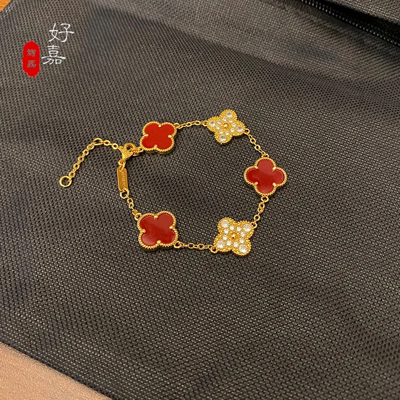 

Light luxury 24K real gold dot diamond lucky four-leaf clover five-flower bracelet au999 gold bracelet jewelry gift women's