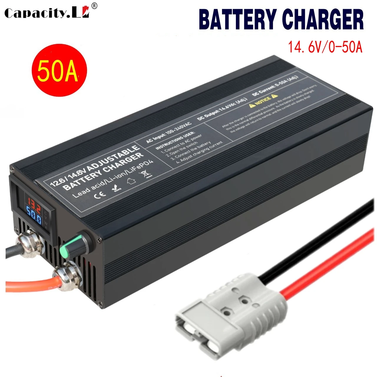 Tragbares 12V100A Lifepo4-Batterieladegerät 40A 50A Lithium-Batterieladegerät 60A 85A mit einstellbarer Spannung und Strom Anderson
