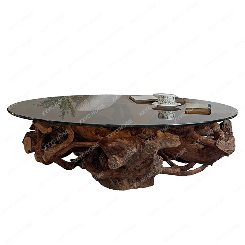 

Wabi-**** windshield round tea table natural tree root tea table design villa living room household coffee table