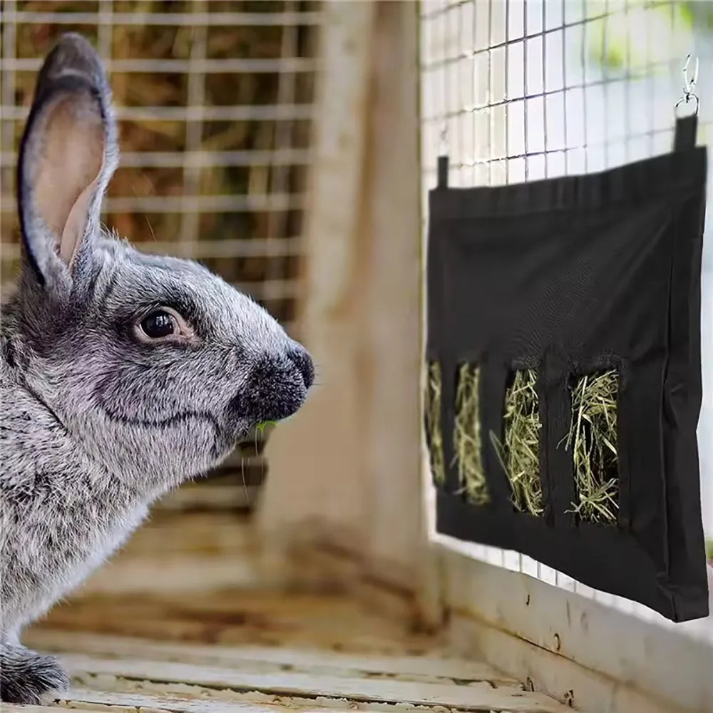 Bunny Hay Bag Hanging Bag Feeder Stand Black Durable Feed Dispenser Container for Rabbits Bunnies Small Animals