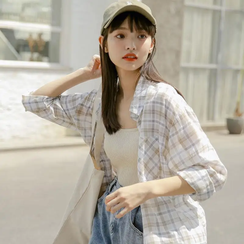 

Retro Korean Plaid Early Spring Women's Shirt Outerwear Sun Protection New Style Student Versatile plus Size Blouse