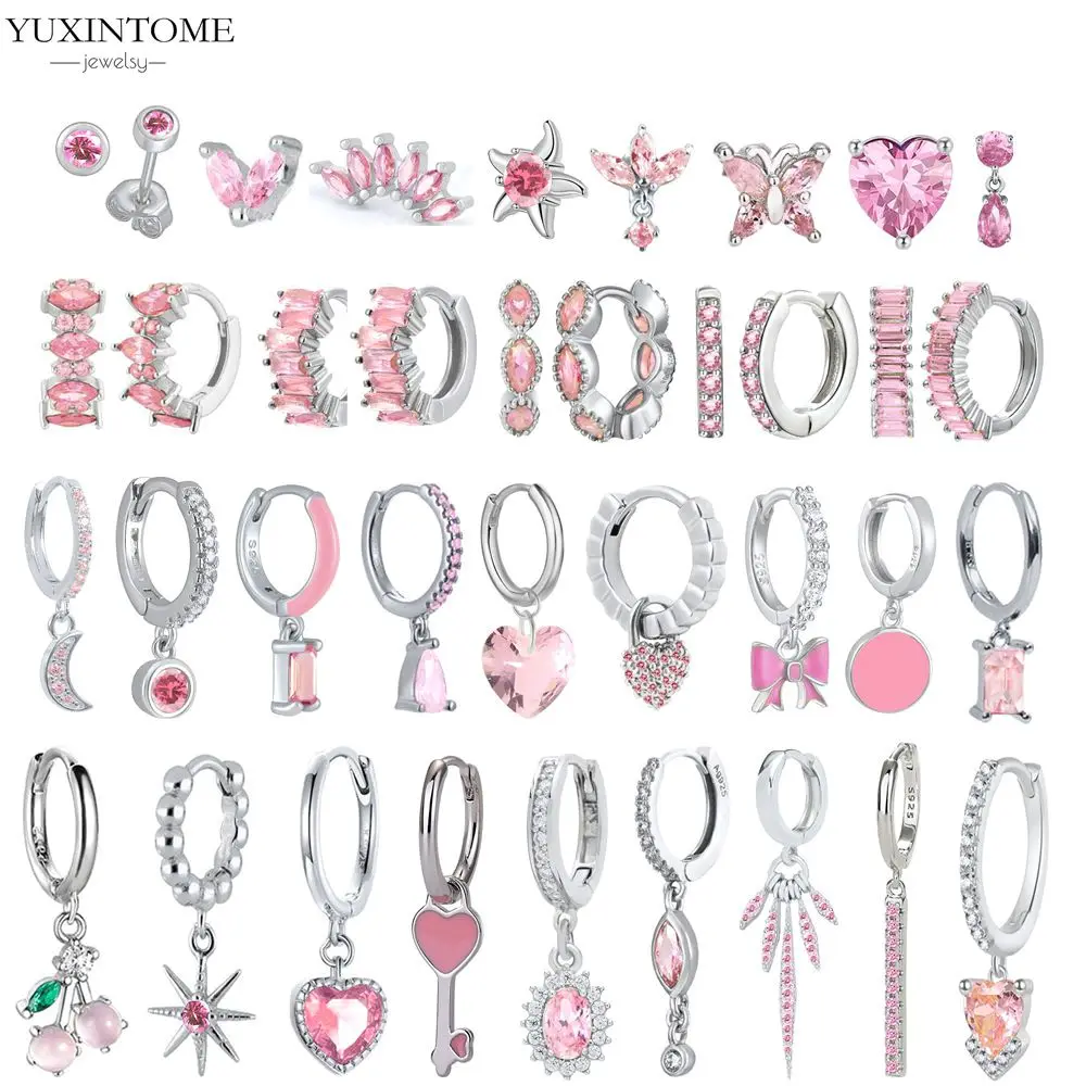 

925 Sterling Silver Needle Sweet Cute Pink Zircon Hoop Earrings for Women Exquisite Heart Pendant Earrings Luxury Jewelry Gift