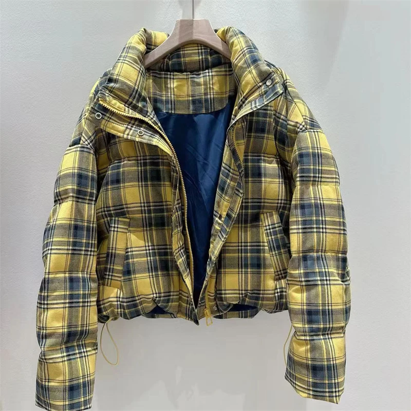 高品質の冬の女性のキルティングチェック柄ショートダウンジャケットスタンドカラーレトロY2Kファッションカジュアル厚手暖かいグースダウンアウターウェア