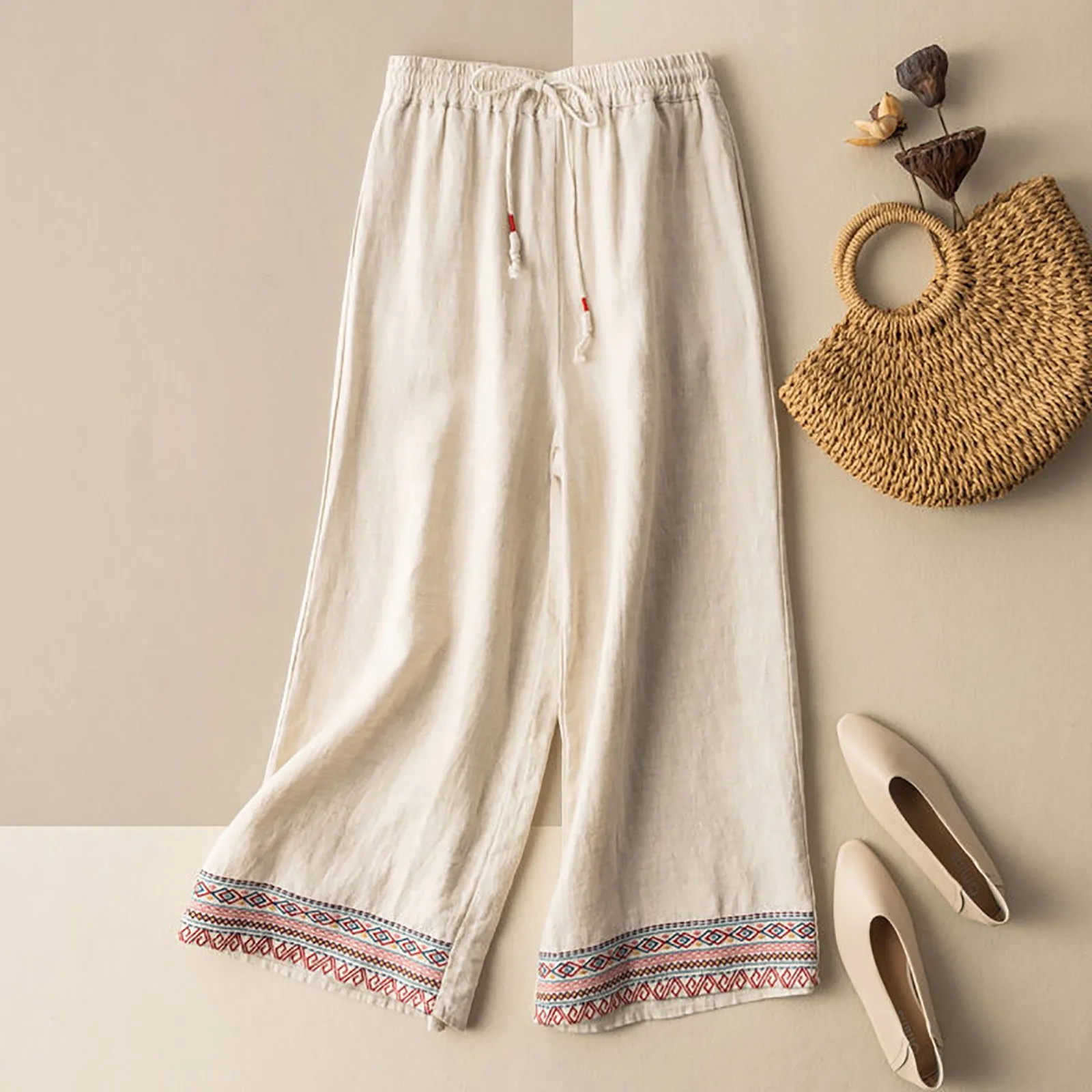 Women Bohemian Baggy Pants Ethnic Style Embroidery Cotton Linen Straight Trousers Elegant High Waist Drawstring Beach Style Pant