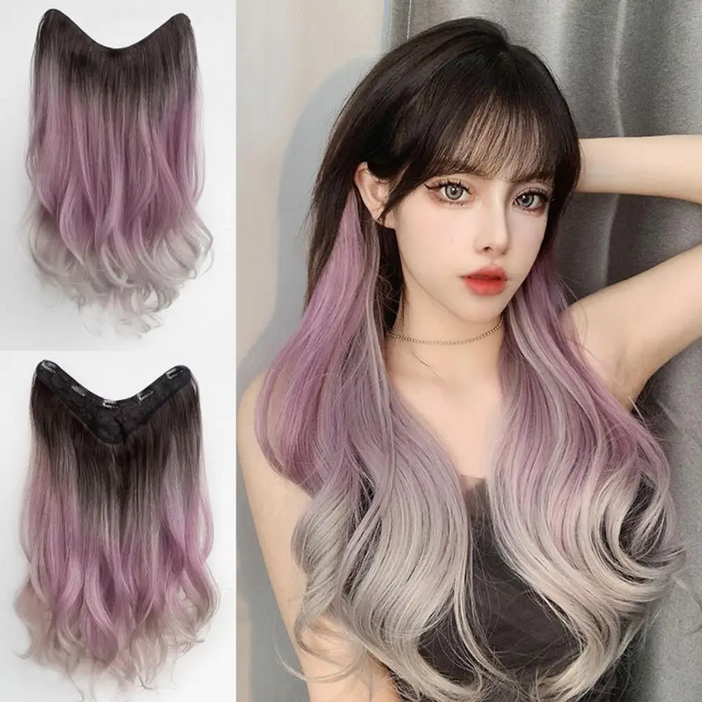 Peluca con orejas colgantes de color púrpura degradado, extensiones de cabello sin costuras de simulación, extensiones de cabello de una pieza, peluca larga para mujer