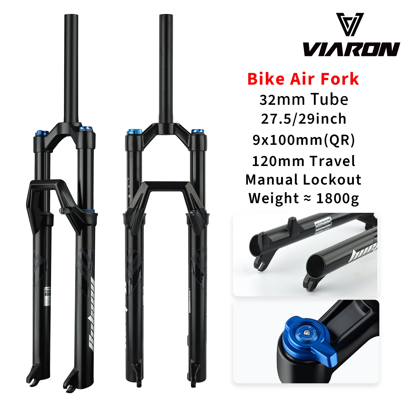 BOLANY Ultralight Bike Air Fork 26/27.5/29 Inch MTB Air Fork Straight Tube 9x100mm Quick Release Suspension Fork 120 Travel