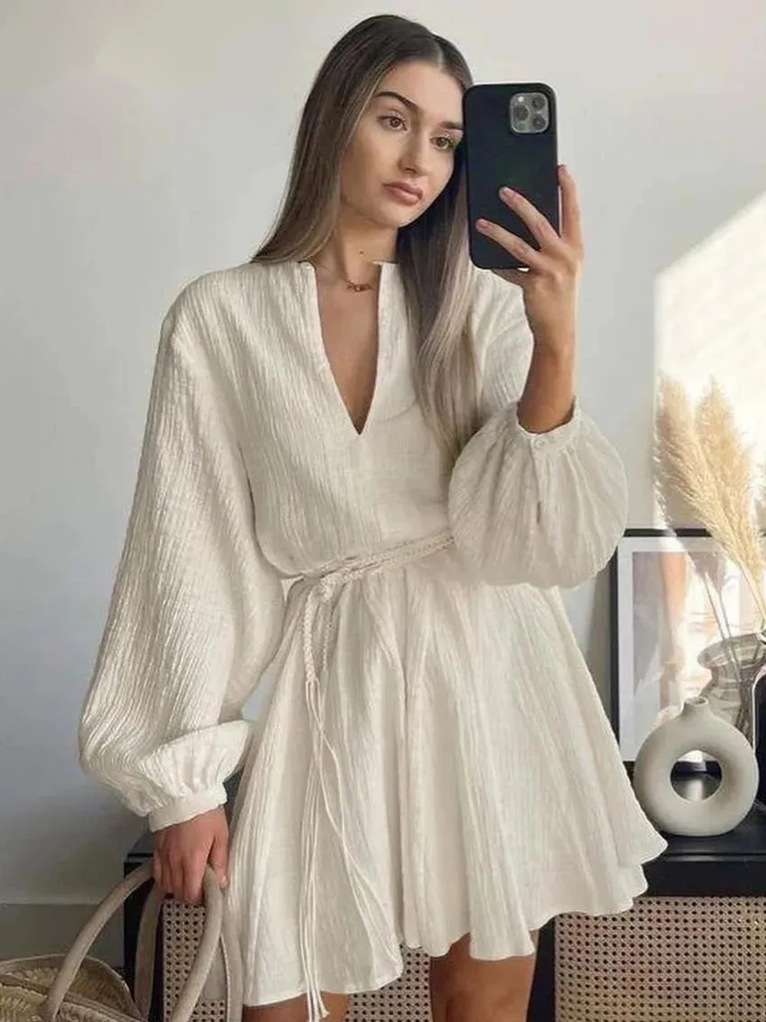 Elegante bege algodão das mulheres vestidos moda com decote em v manga longa rendas vestidos casuais solto plissado mini vestido streetwear rq24