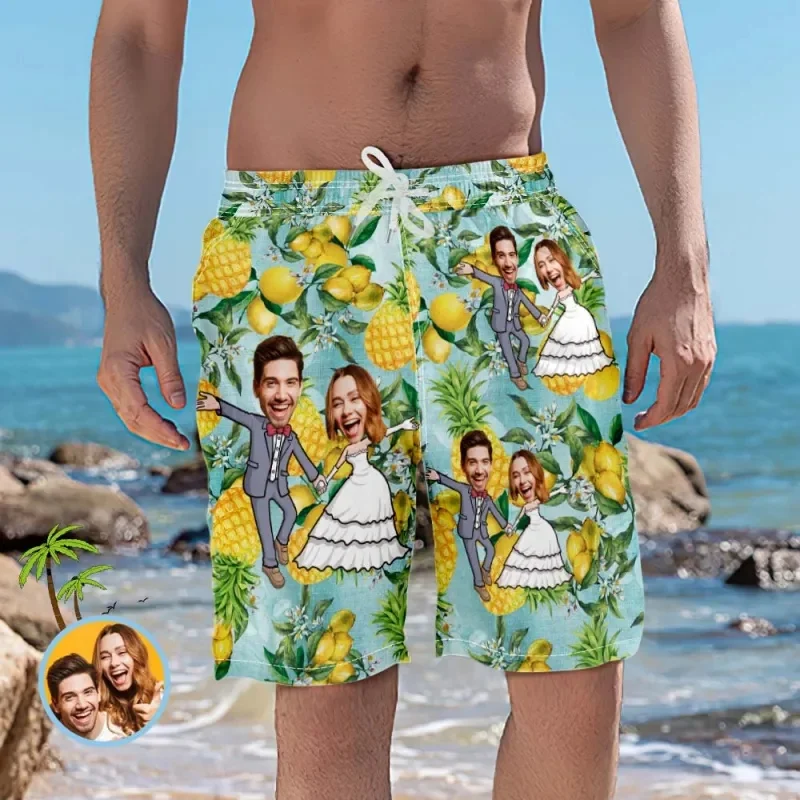 Custom Couple Face Beach Shorts Romantic Wedding Short Pants Funny Pineapple Shorts Comfortable Swim Trunks Best Wedding Gift