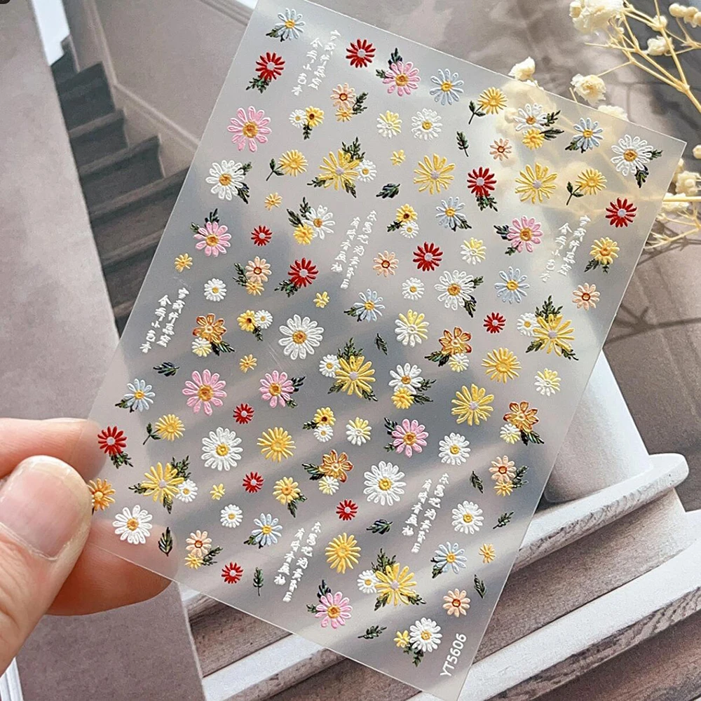 Adesivi per Unghie 5D con Margherite Bianche/Rosa in Rilievo, Decalcomanie Autoadesive Eleganti con Fiori di Margherita
