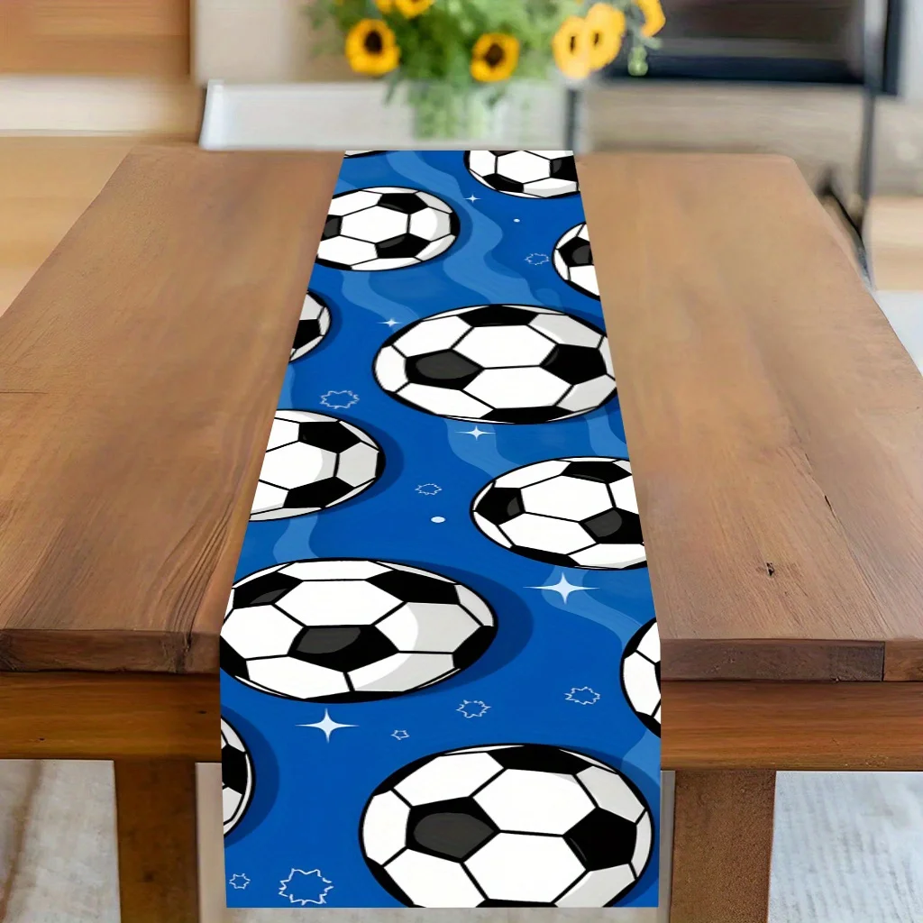 Soccer Football Pattern on Blue Table Runner - Rectangular Table Cover for Sports Fans, Banquet, Party Gifts, Dining & Kitchen