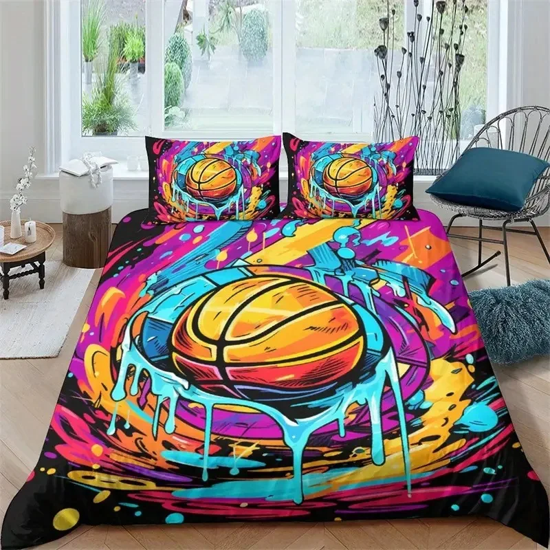 Cartoon Basketball Duvet Cover Set Twin, Sports Colorful Bedding Sets For Boys Teens, Basketball Comforter Covers Bedroom Decor