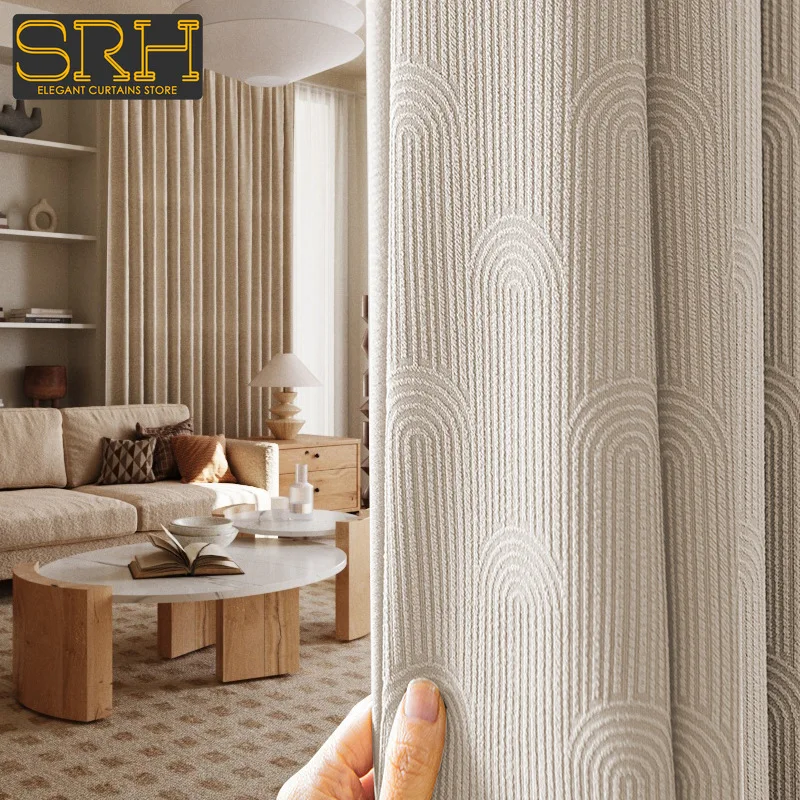 

New U-shaped Chenille Cotton and Linen Curtains Simple Modern Living Room Blackout Bay Window Sunscreen Finished Fabric Custom