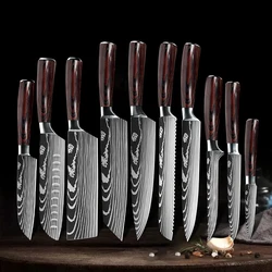 1-10PCS Chef Knife Set Damascus Pattern Kitchen knives Sharp Stainless Steel Cleaver Slicing Santoku Professional Cooking Cutter