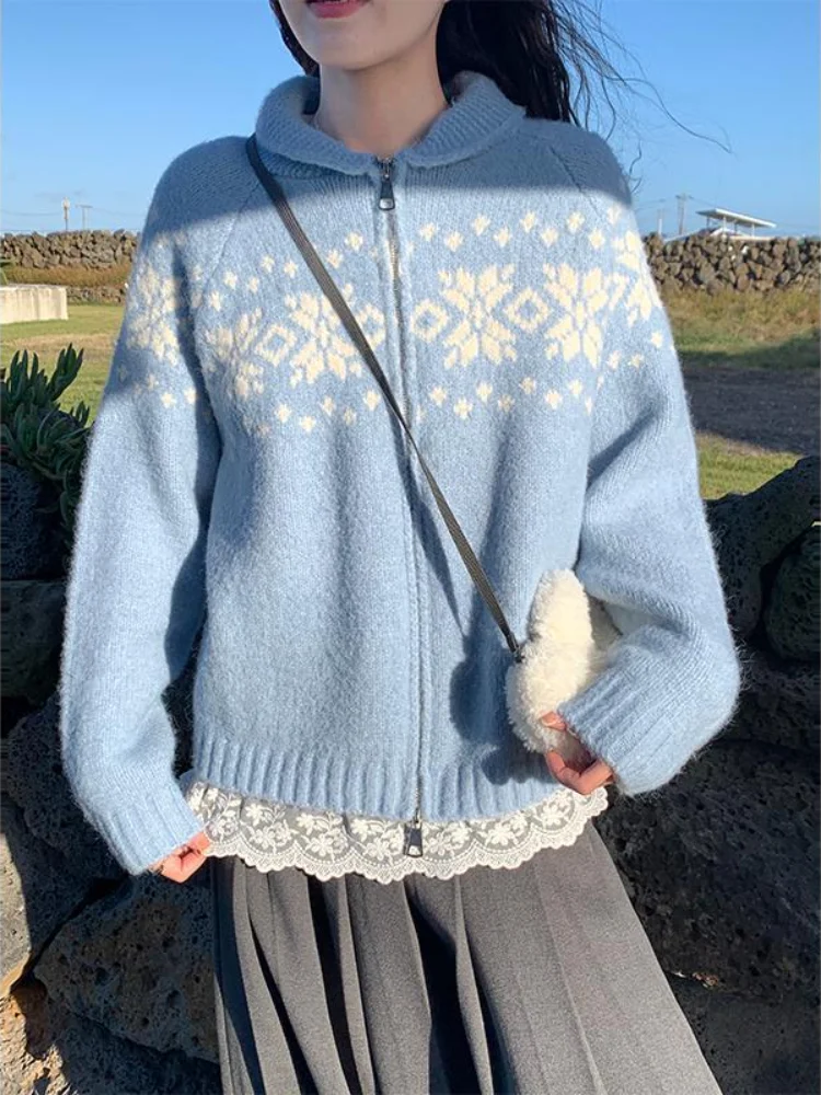 

Blue Jacquard Zipper Knitted Cardigan Women Autumn Winter Lapel Casual Loose Long Sleeve Sweater Coat Vintage Lazy Tops