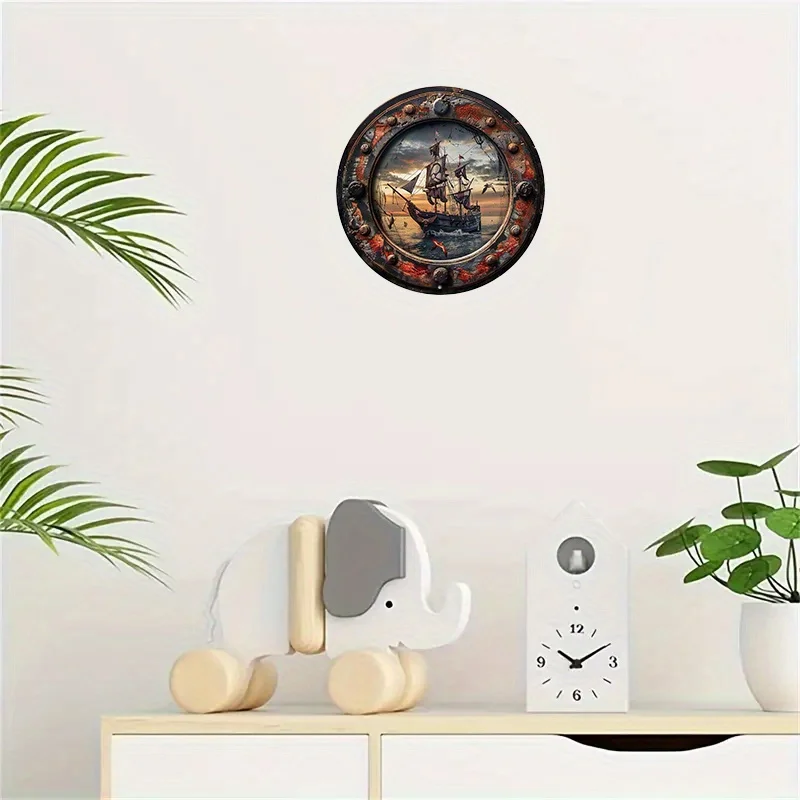 Round Metal Aluminum Mark Pirate Ship Logo for Home, Living Room, Coffee Shop, Wall Art Home Decor, 8in &11.8in 1pc
