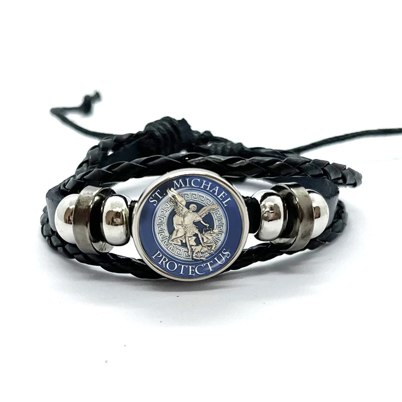 Amulet Symbol Bracelet Archangel St.Michael Protect Me Saint Shield Glass Time Gem Russian Orhodox Woven Bangle for Women Men