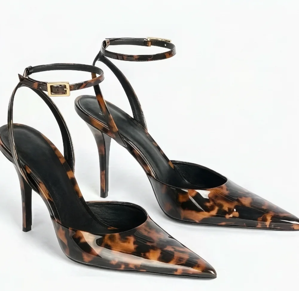 Print Pointed Toe Stiletto High Heel Ankle Strap Glossy Patent Finish Gold Buckle Slingback Design Elegant Evening Party Shoes