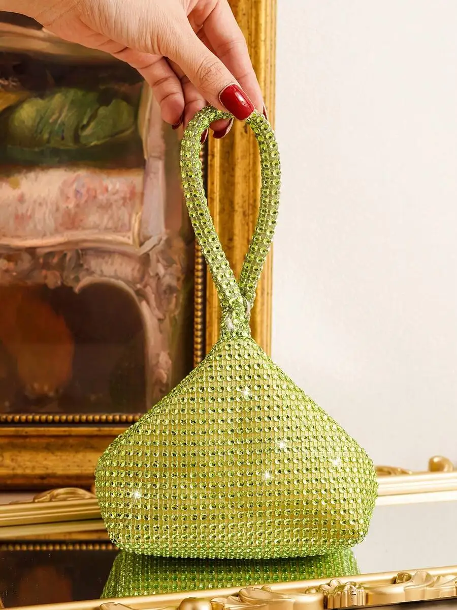 Lime Green Rhinestone Mini Clutch With Twisted Handle, Elegant Evening Wristlet For Formal Occasions