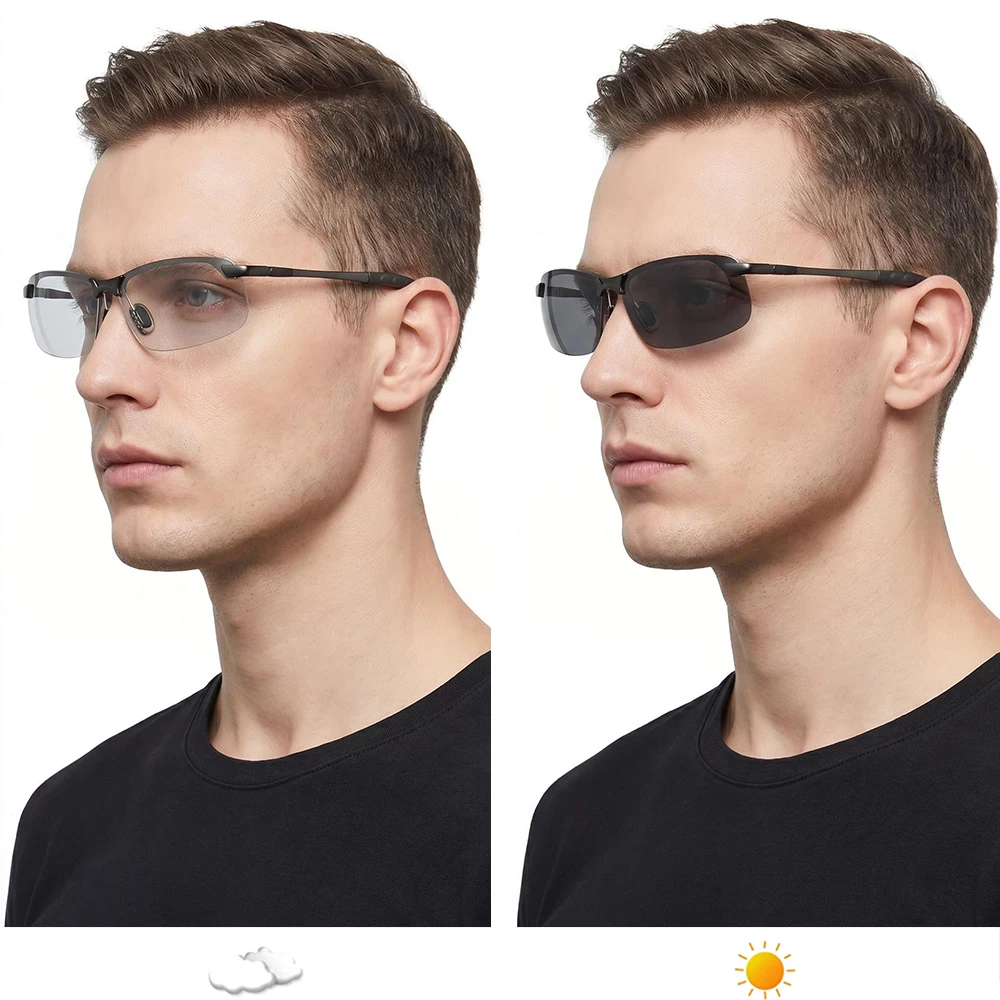 Half-frame Photochromic Sunglasses Men Women Vintage Metal Polarized Sun Glasses For Male Night Vision Driving Shades