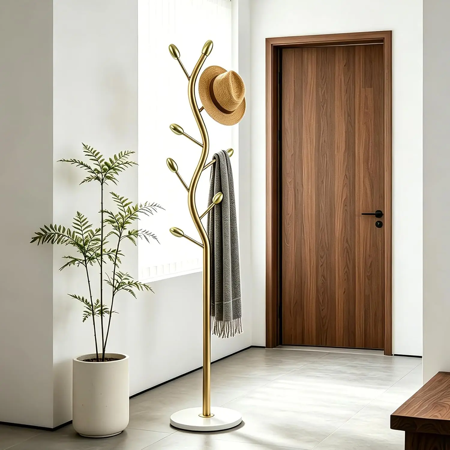 Artistic tree-shaped gold metal modern hall tree with 8 hooks