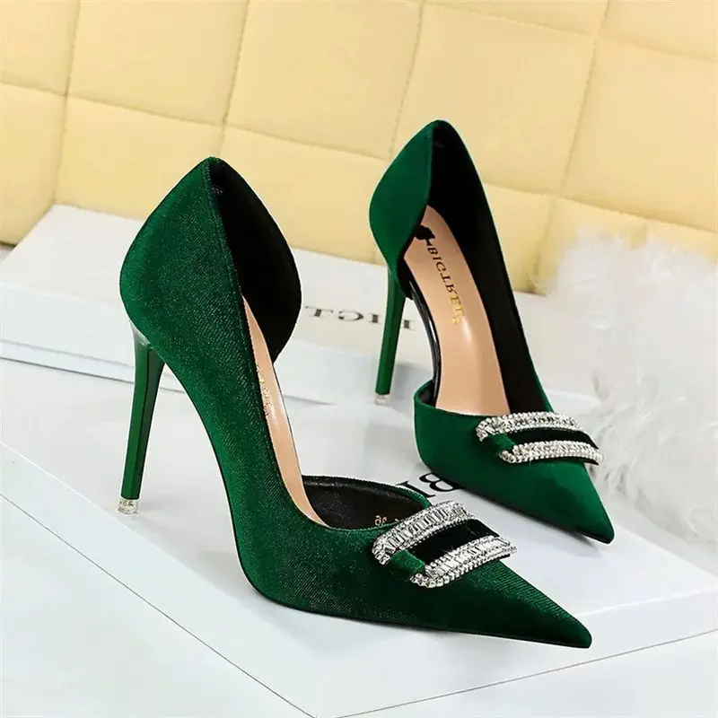 Women Velvet High Heels Pumps Buckle Pointed Toe Side Hollow Rhinestone Purple Green Pink Crystal Shallow Party Shoes