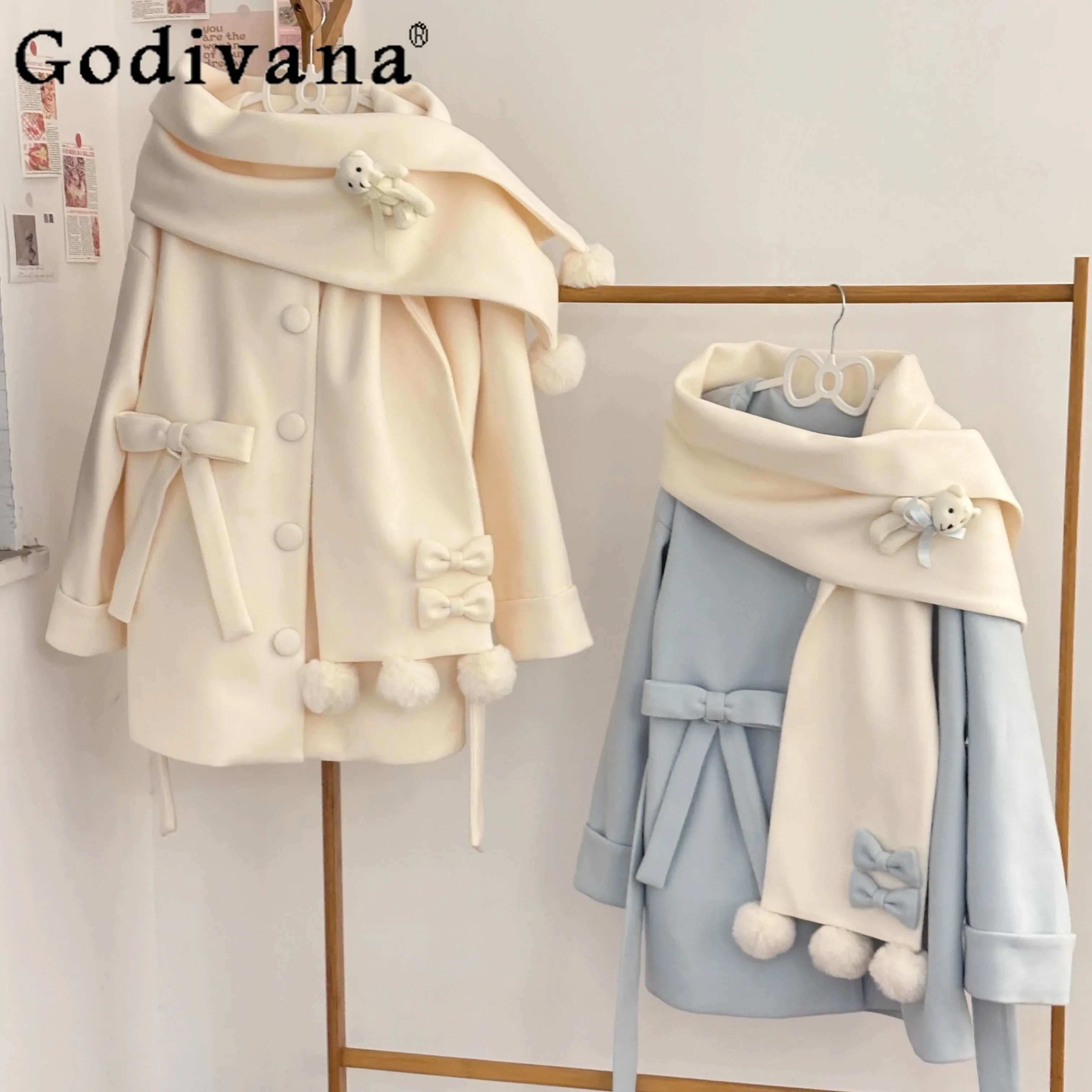 Japanese Style Soft Girl Mid-Length Woolen Coat Women's Autumn and Winter New Sweet Gentle Lolita Jackets with Bear Scarf 2024