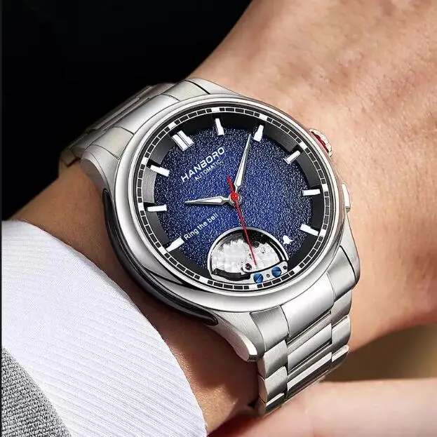 

HANBORO Мужские автоматические часы 41,5 мм, механические наручные часы с будильником, 5 атм, сапфировый светящийся градиентный циферблат Miyota 9015