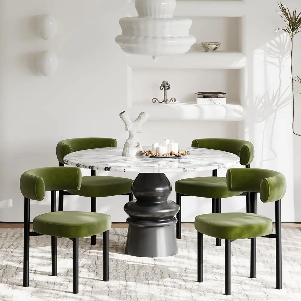 

Комплект из 4 обеденных стульев в стиле Mid-Century Modern с обивкой, зеленая ткань, эргономичная стальная спинка для кухни и столовой