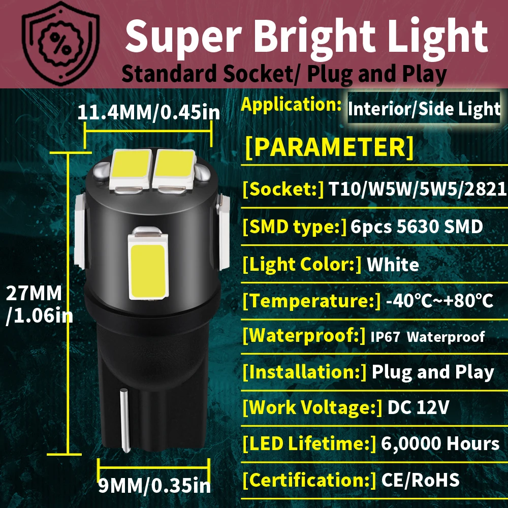 10pcs T10 LED Car Interior Light Canbus Bulbs 168 2825 License Plate Trunk Lamp for Toyota CHR Corolla Rav4 Yaris Avensis Camry