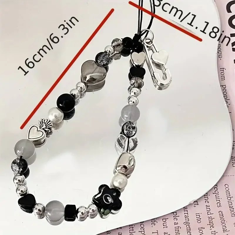Heart Flower Bead Phone Charm Strap Korean Bracelet Pendant for Bag Camera Accessories Hanging Rope Girl Jewelry