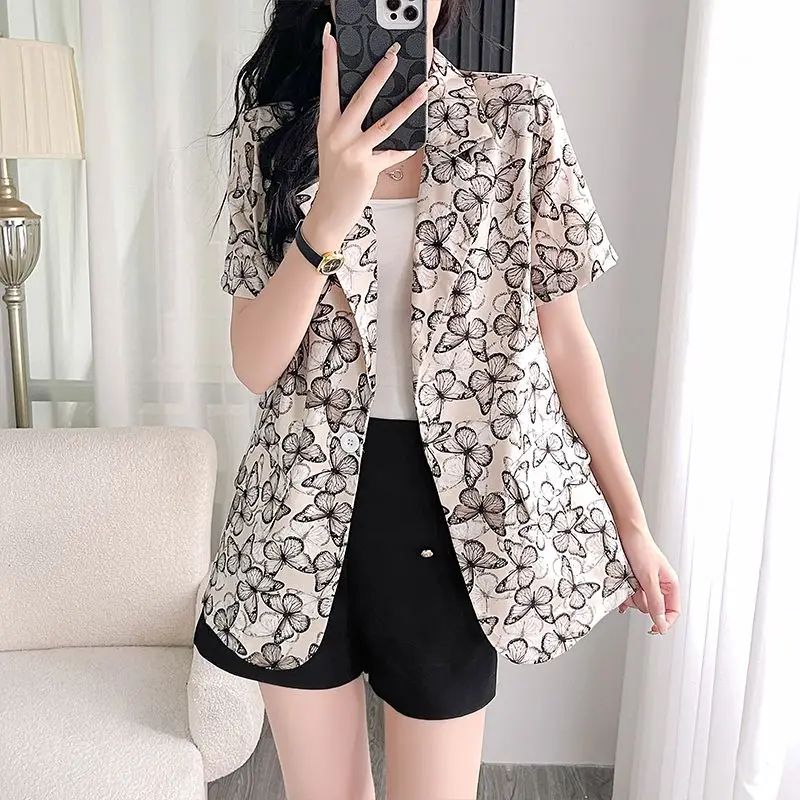 Original Design Women\'s Summer New Jackets Korean Loose Geometric Printed Button Collar Short Sleeve All-match Thin Suit Coats