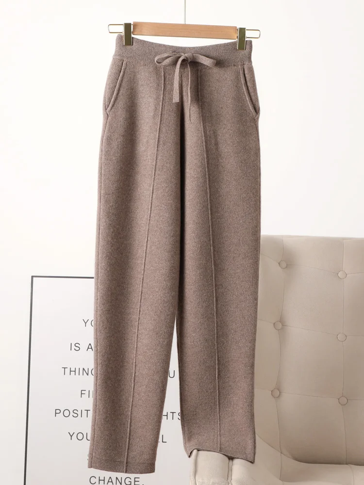 

New Women's Wool Pencil Pants Autumn Winter 100% Merino Wool Knitted Trousers Thick Soft Office Lady Pocket Casual Style Pants