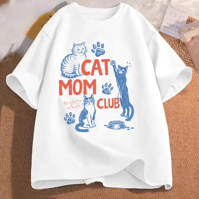 Cat Mom Club Life Is Better With Cats Men Front Print T Shirt Cute Kitten Graphic Tee Casual Short Sleeve Top Gift For Cat Lover