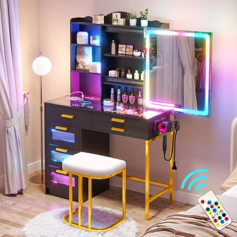 Vanity Desk with Sliding Mirror and LED Lights, RGB Vanitys with Charging Station, Dresser ,Makeup Vanity with Remote Control