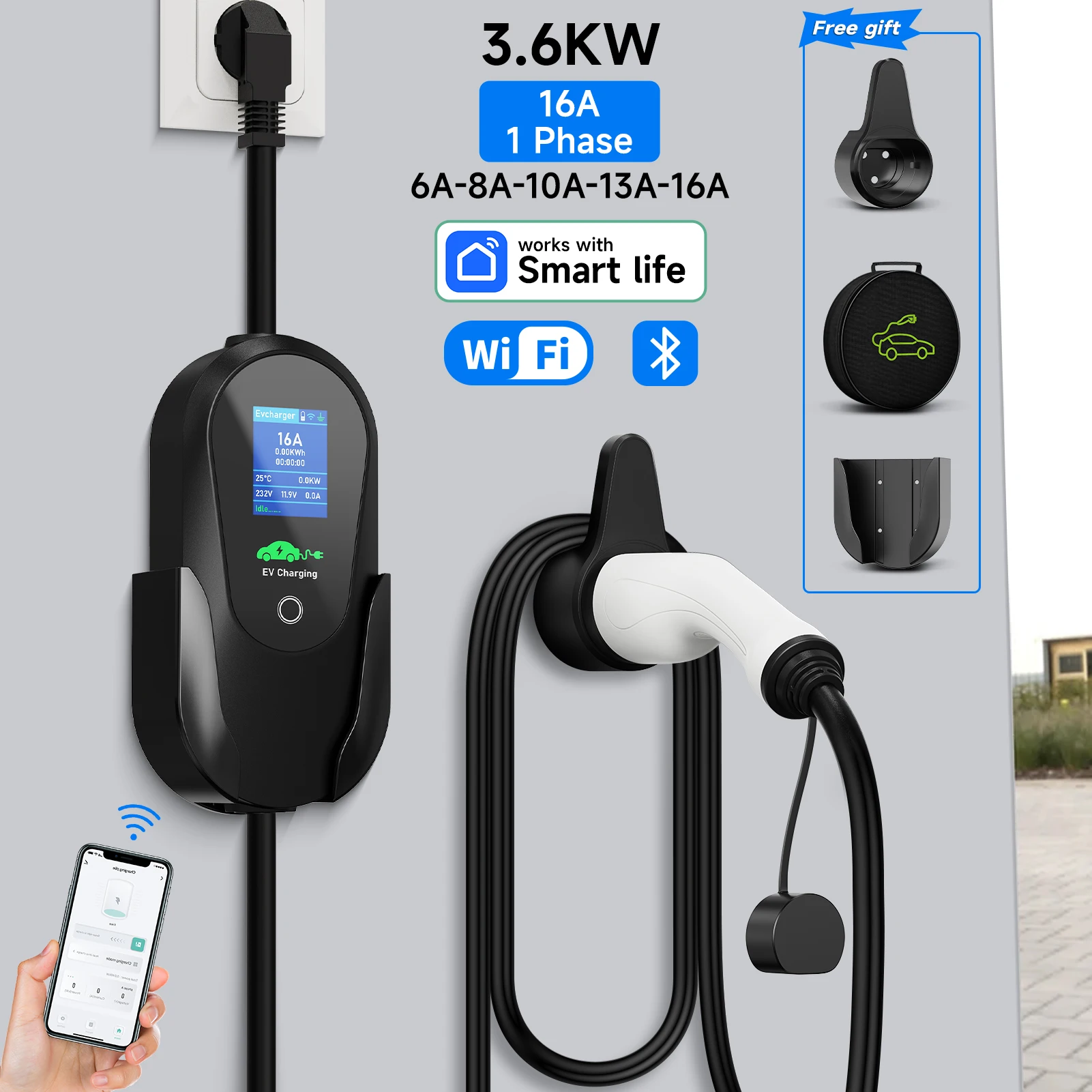 3.6KW Portable EV Charger 16A Type2 IEC 62196-2 EVSE Fast Charging Cable Type1 SAE J1772 Wallbox EU Plug WiFi APP Remote Control