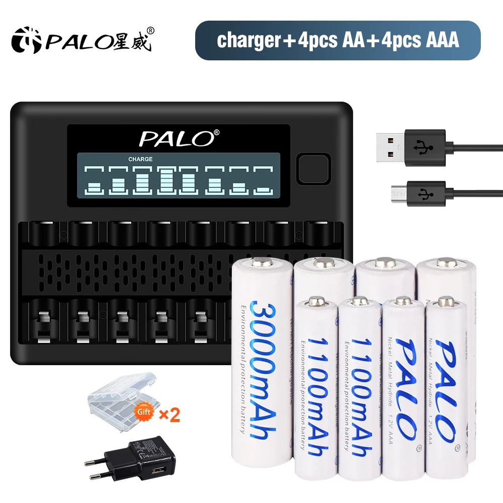 

PALO 1.2V AA AAA Rechargeable Batteries + Battery Charger Fast Smart 2A 3A Intelligent LCD Recharger for Ni-MH Batteria