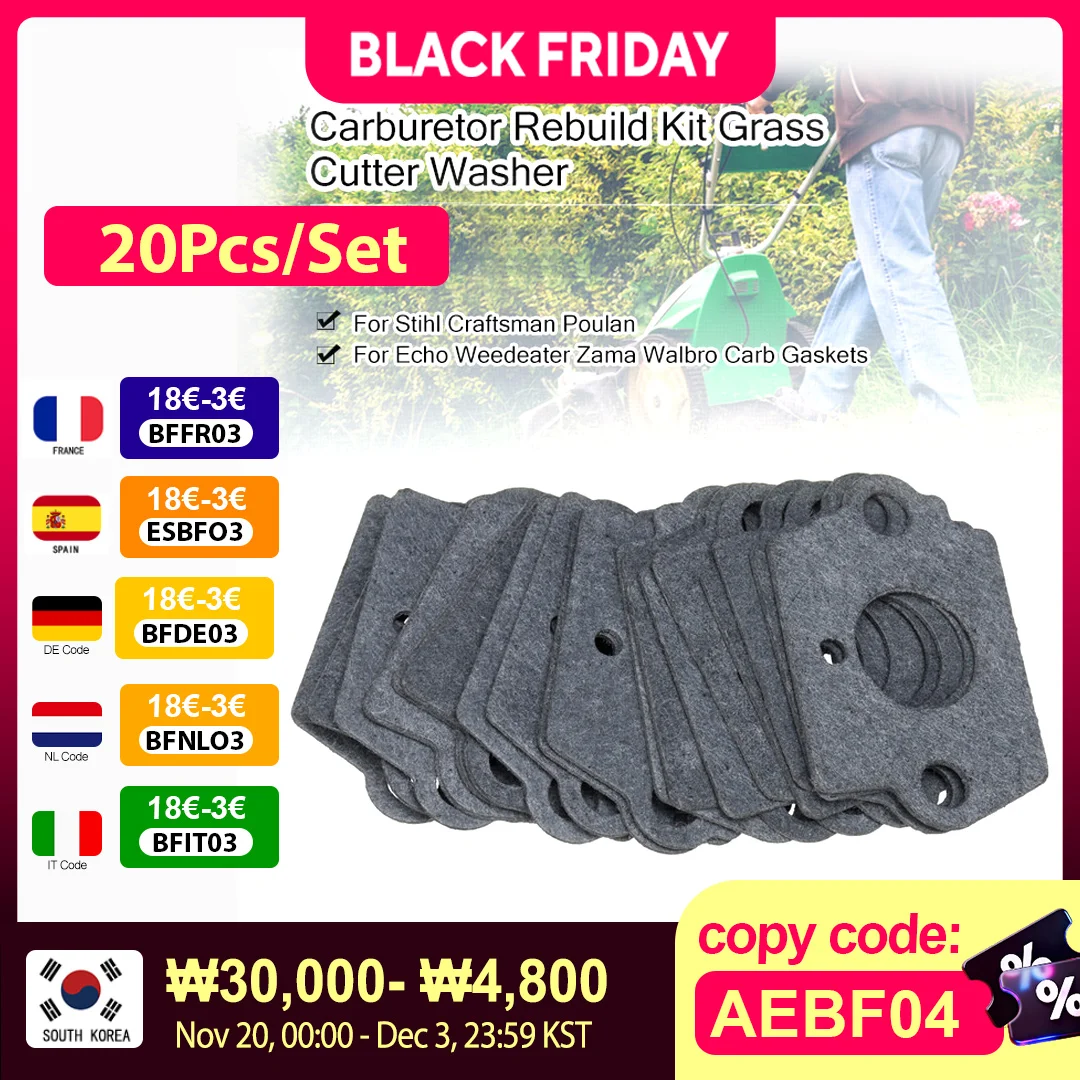 

20Pcs/Set Carburetor Rebuild Kit Grass Cutter Washer For Stihl Craftsman Poulan For Echo Weedeater Zama Walbro Carb Gaskets